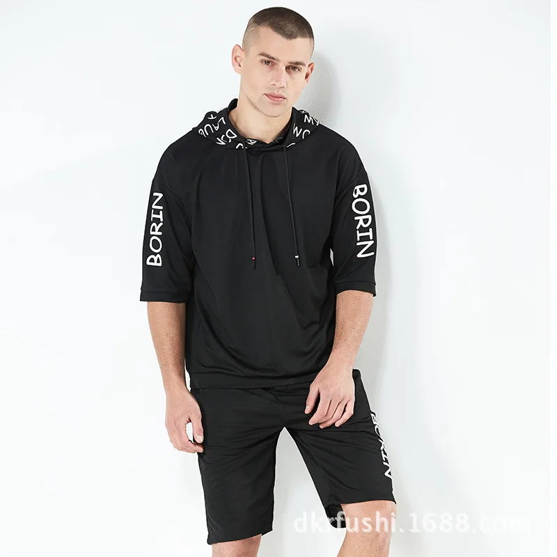 Summer New Style Fashion Leisure Suit Men's Cool Printed Hooded Half Sleeve Tops Loose-Fit Running Short Sleeve Men's 373