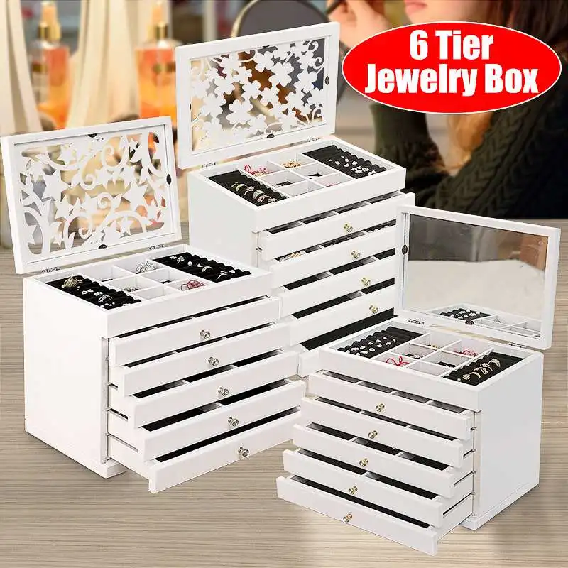 6 Tier Wooden Jewelry Box Hollow/Mirror Jewelry Display Box Ring Storage Box Multi-Purpose Gift Box Vintage Storage Cabinet Top 1