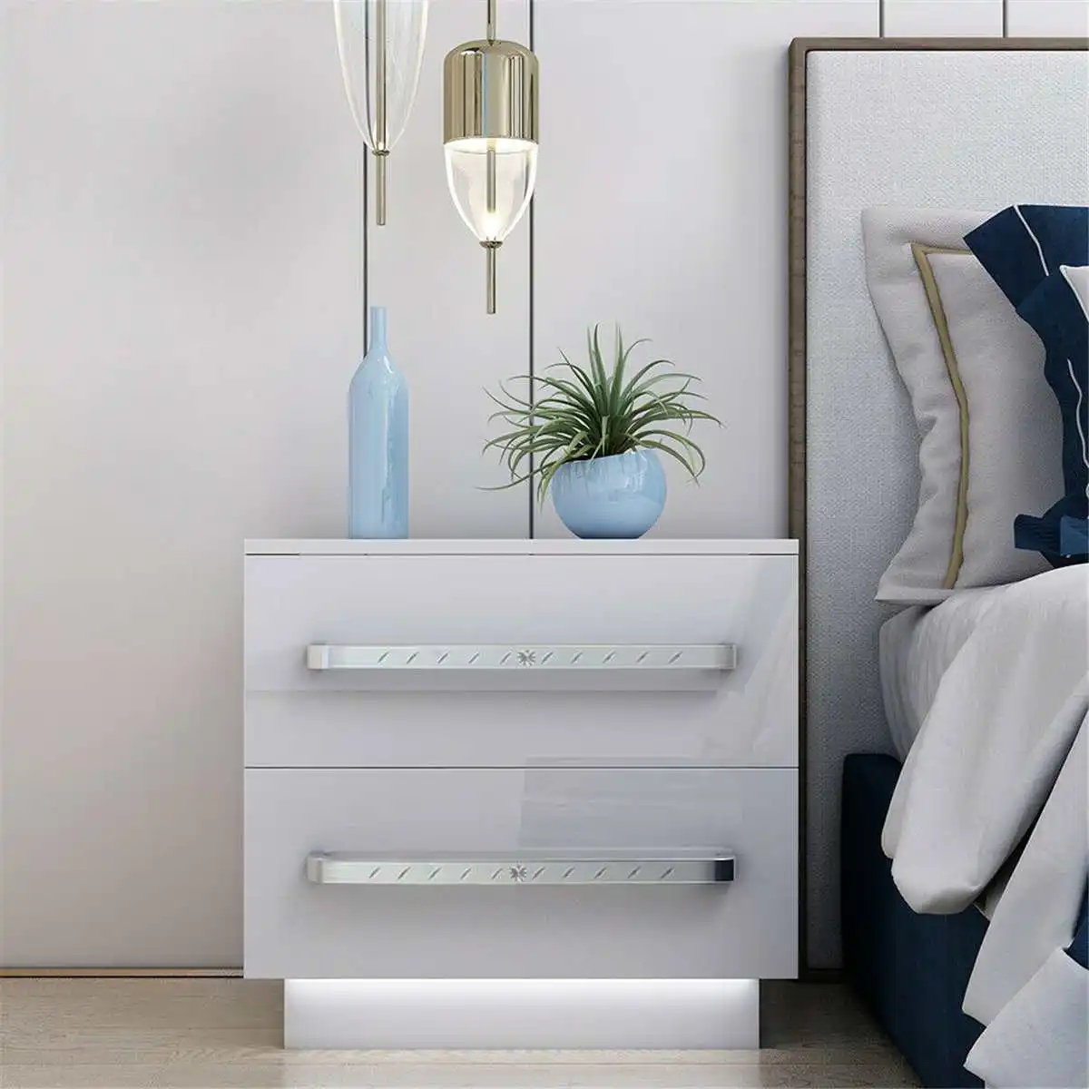 

Home Furniture Modern Frame Wood Luxury Nighstand Bedside Table LED Nightstand Beside Table High Gloss With 2 Drawer