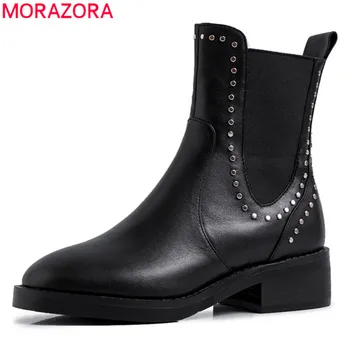 

MORAZORA 2020 new arrival ankle boots women genuine leather Chelsea boots round toe rivet autumn low heels casual shoes woman
