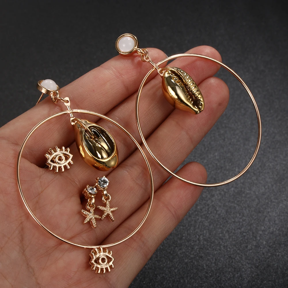 

1Set One Week Earring Stainless Steel Ear Stud Shell Crystal Tassel Boho Style Geometric Personality Eardrop Jewelry Accessorie