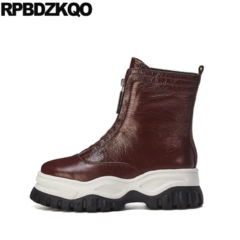 

patent leather flatform muffin warm shoes ankle handmade platform brand women winter boots genuine brown front zipper high heel