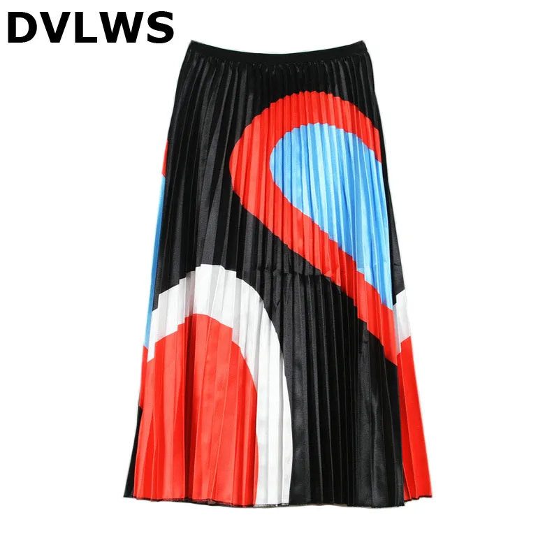 

Dropshipping 2019 Rainbow Contrast Color Pleated Skirt Autumn Style Contrast Color Large Pleated Skirts Womens 5 Colors Red