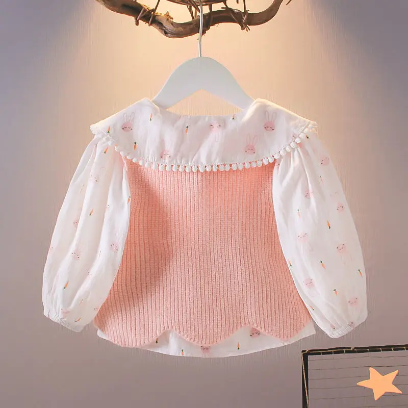 Spring Autumn Girls Shirt Clothes With Vest Long Sleeve Baby Cotton Linen Cardigan Shirt Turn Down Collar Blouse
