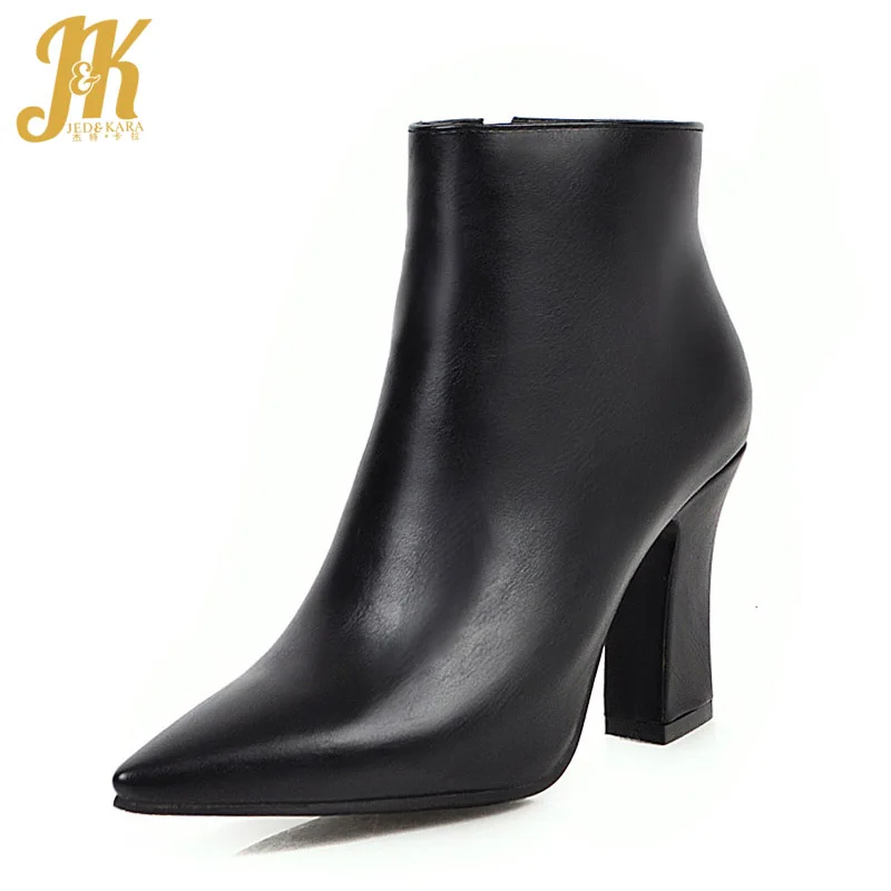 

JK Plus Size 32-48 Winter Boots Women Pu High Heels Thick Ankle Booties Ladies Party Shoes Pointed Toe Shoes Female Zip Shoes