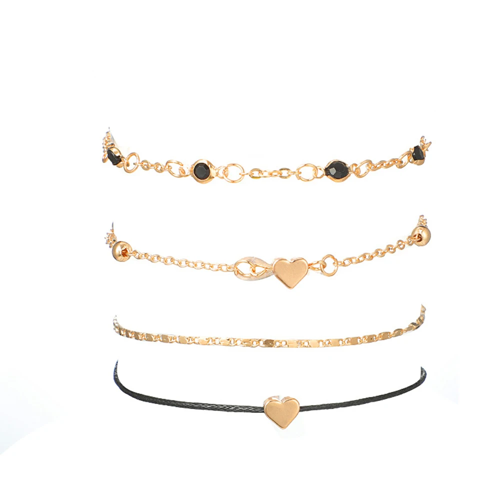 Hot 4PCS/Set New Boho Gold Color Heart Anklets For Women Black Rope Chain Ankle Bracelet On The Leg Foot Jewelry Gift - Окраска металла: 1