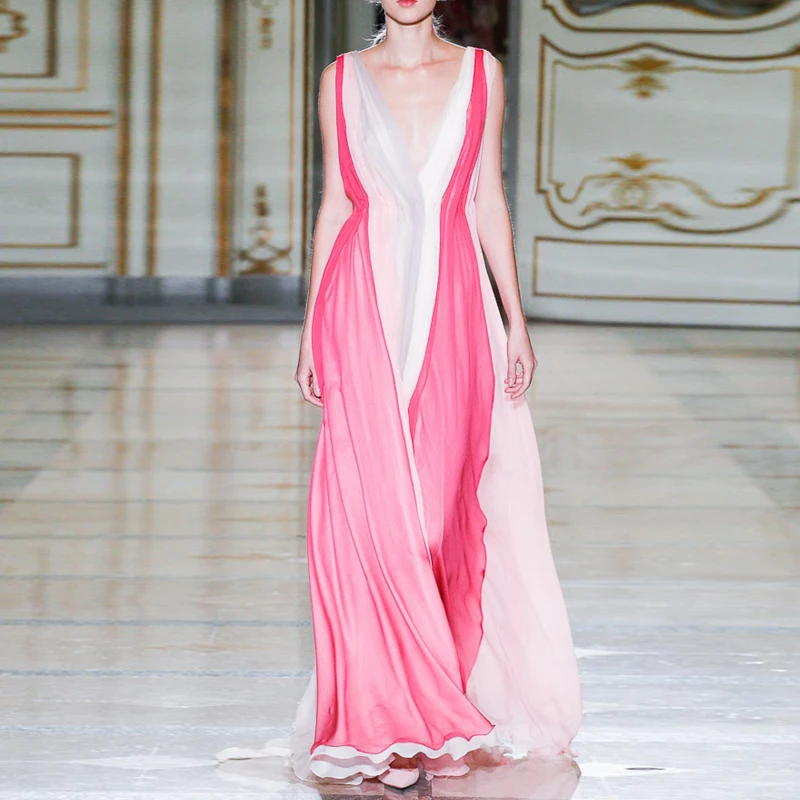 

Summer 2019 Runway Designer Women Long Dress Sexy Deep V Neck Sleeveless Maxi Dress Casual Patchwork Pleated Dress High Quality