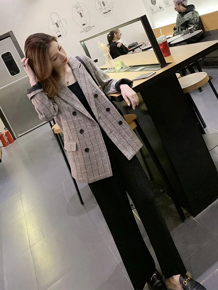 

2019 Spring New Style Retro British Style Double Breasted Grid Red Small Suit Women's Slim Fit Casual Coat