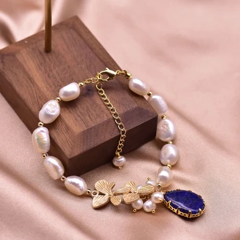 

XlentAg Natural Oval Pearl Couple Bracelet Lapis Lazuli Pendant Girl Wedding Love Gift For Women Bohemian Fashion Jewelry GB0209