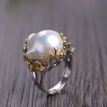 

Vintage new 100% Real 925 sterling silver with big fresh water Baroque natural pearl ring adjust Thai silver jewelry for women