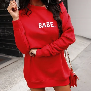 

WannaThis Sweatshirt Women Solid Loose Letter Print Round Neck Pullover Streetwear Autumn Winter Warm Long Sleeve Long Top