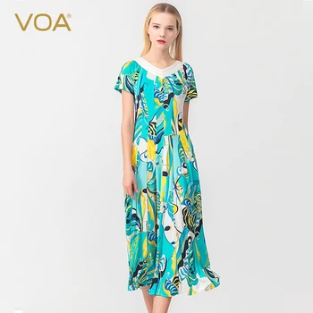 

VOA abstract printing and dyeing double-sided knitted V-neck raglan sleeves open-line decoration waist silk dress a10689