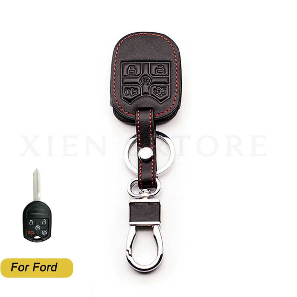 

Black Leather 5 Buttons Car Remote Key Shell Skin Holder Protetor Chain Cover Case For Ford E-150 E-250 F150 Accessories Styling
