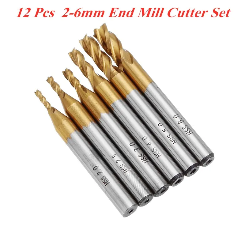 

Drillpro 12pcs DIY 2-6mm Titanium Coating HSS 4 Flute End Mill Cutter 6mm Shank CNC Drill Bit Set For Milling Machine