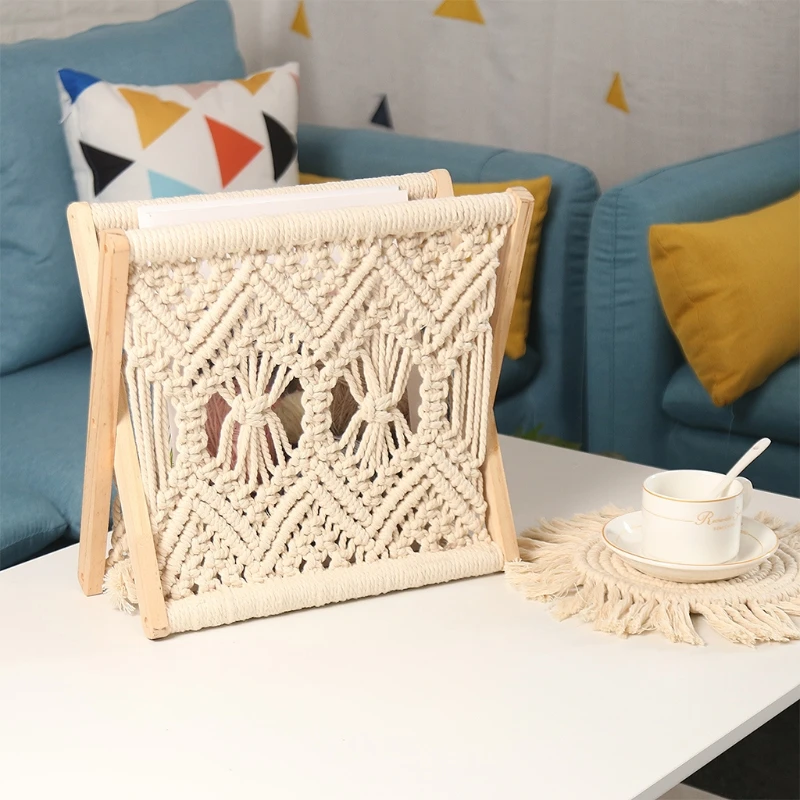 Nordic Cotton Woven Storage Basket Boho Macrame Knitting Folding Magazine Rack Desktop Book Shelf