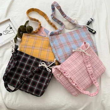 

Canvas Bag Women's Shoulder Japanese-style 2020 New Style Harajuku INS Fashion Students Plaid Bag GIRL'S Large-Volume Shoulder B