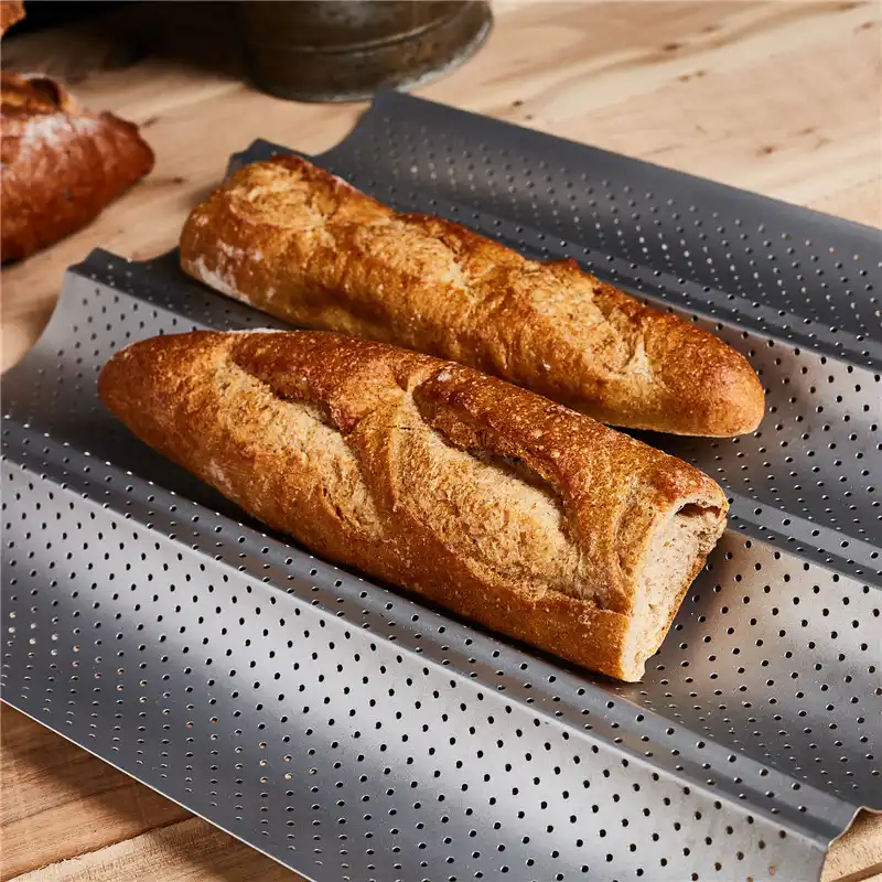 Silver Baguette Baking Tray，French Bread pan Carbon Steel，Food Grade Non-Stick Coating Perforated French Stick Loaf Baking Pan Baguette Mold for Baking 3 Loaves Wave Baker
