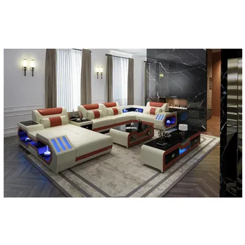 

Multifunctional living room sofa top leather sofa set with usb and LED light