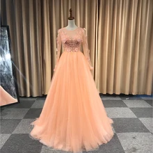 Пользовательские реальное изображение женское вечернее платье с длинным рукавом Бисер Аппликация кружево Тюль Вечерние платья для женщин Выпускные платья