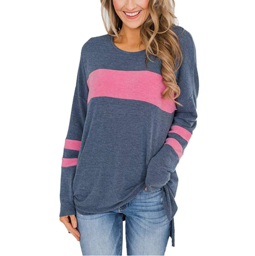 Новая Осенняя женская футболка с длинным рукавом и круглым вырезом, цветная Лоскутная Асимметричная футболка, Топы, Повседневный пуловер, топы, футболки, женская одежда