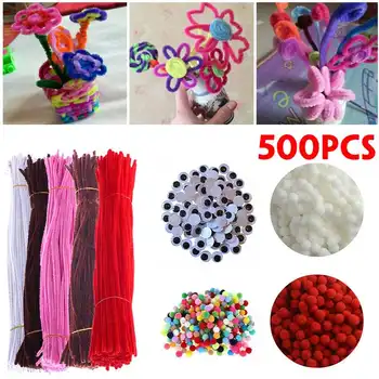 

500 Pcs Set Plush Stick Toy Eyes Pompoms Kids Educational DIY Toys Handmade Art Craft Creativity Devoloping Toys Git for Kids