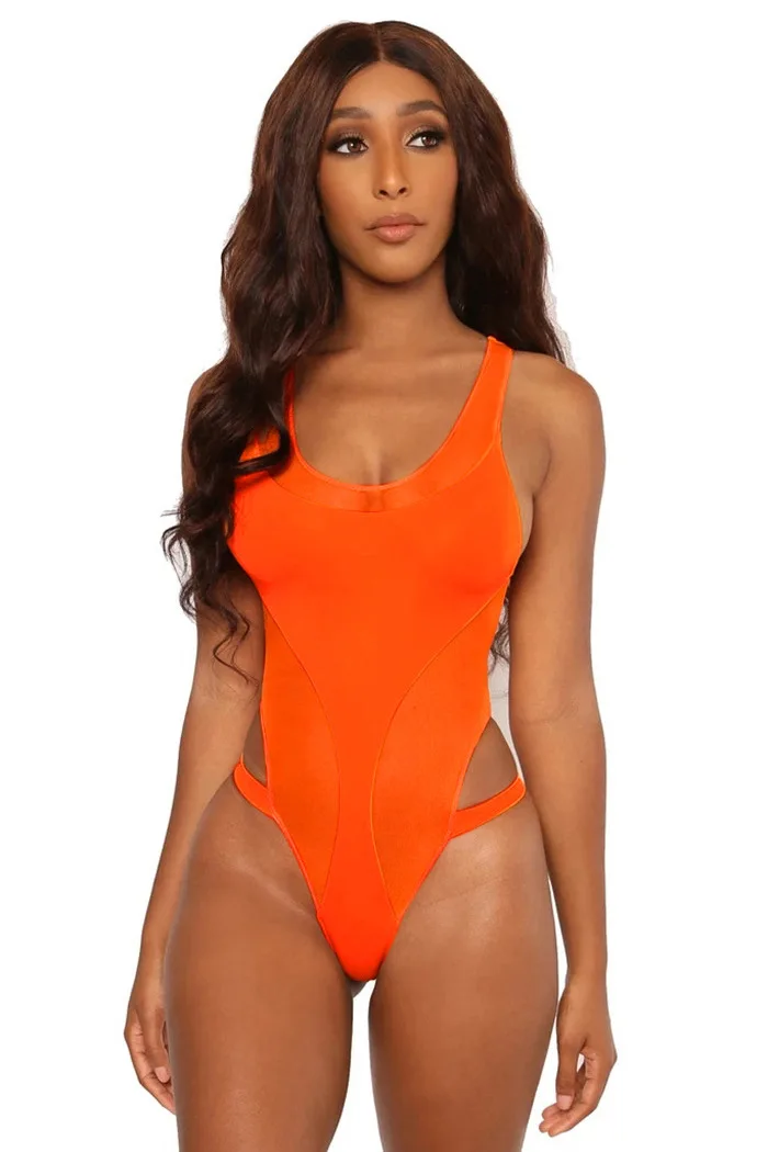 Однотонный сетчатый купальник в стиле пэчворк, сдельный купальник с вырезами для женщин, сексуальный бразильский купальник с глубоким вырезом, монокини, тонкий купальный костюм - Цвет: Оранжевый