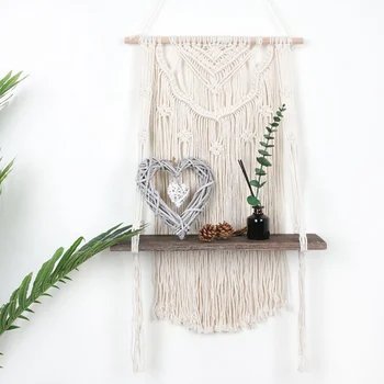 

Woven Cotton Rope Tapestry Wall Hanging Wooden Shelf Boho Plants Shelf Storage Rack Home Wall Decor