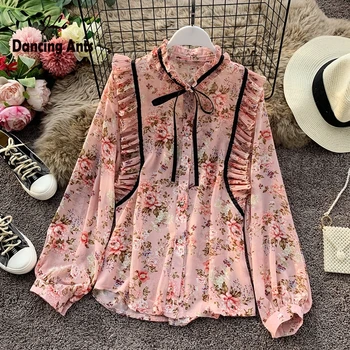 

Stand Collar Wooden Ear Long Sleeve Chiffon Shirt Lace Up Bow Design Pleat Blusas Autumn Spring Holiday Beach Shirt