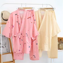 Женский весенний костюм кимоно хлопковый марлевый мягкий домашний купальный костюм паровой японский юката Брюки Повседневный пижамный комплект