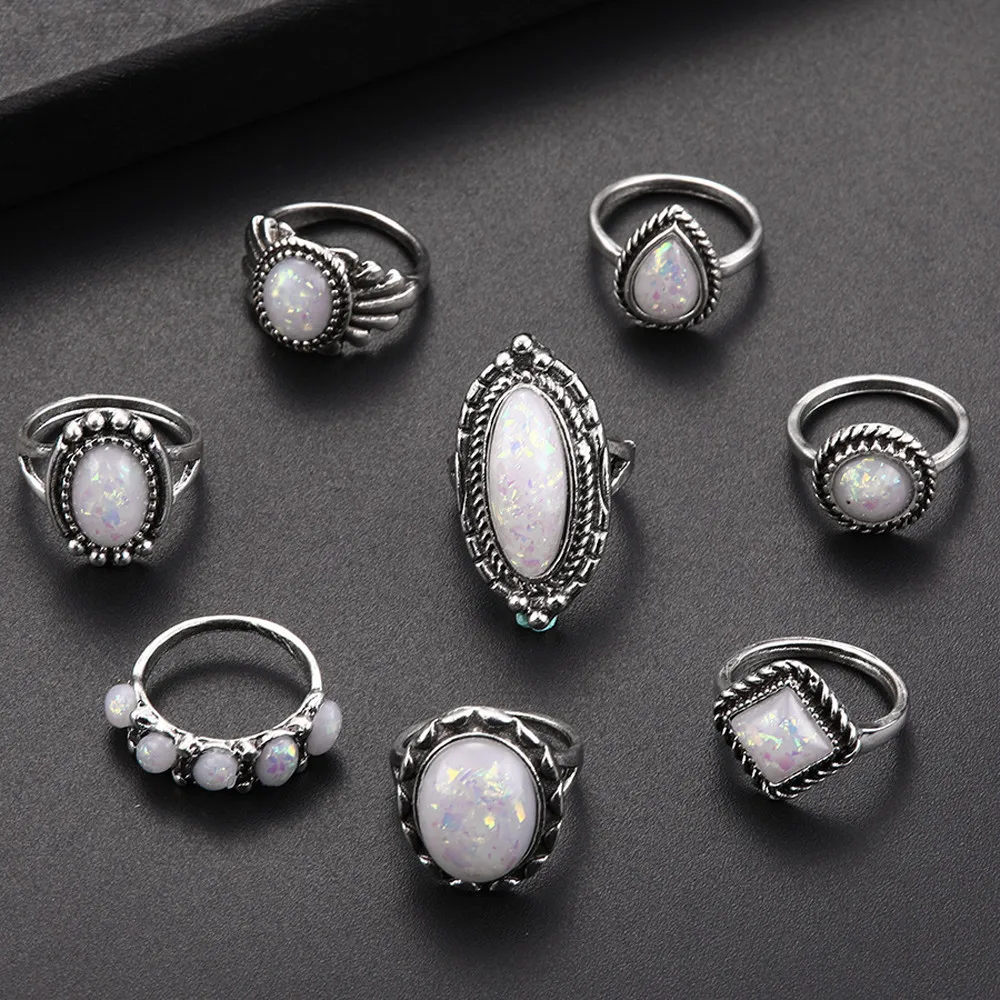 8pcs/set Rings Set Sterling Silver Natural Gemstone Fire Opal Diamond Ring Weddi For Women Pendant Jewelry Accessories Gift | Украшения и