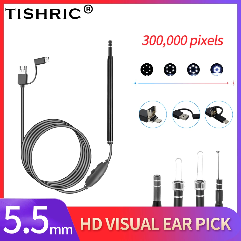 TISHRIC-MINI cámara endoscópica Digital para limpieza de orejas, endoscopio médico para teléfono inteligente Android, USB HD, cuchara Visual para la oreja, 5,5mm, 0.3MP