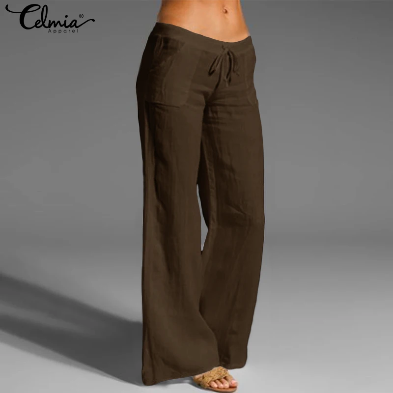 Женские Винтажные льняные брюки, длинные, палаццо,, селмия, повседневные, одноцветные, свободные, для девушек, широкие брюки, эластичный пояс, брюки размера плюс