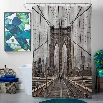 

Shower Curtains for Bathroom Waterproof United States,View of Historical Famous Brooklyn Bridge and Cable Pattern NYC
