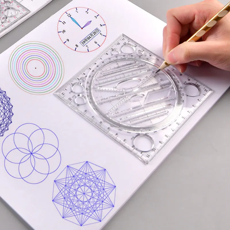 Multifunction Rotatable Drawing Template Art Design Construction Architect Stereo Geometry Circle Drafting Measuring Scale Ruler ruler set drawing ruler rotatable ruler