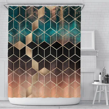 

With C Rings Low Transparency Shower Curtain Soft Geometric Grid Digital Printing Ombre Drape Waterproof Bath Decor Polyester