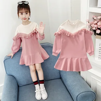 

Children's wear 2019 girls dress new fashion cotton plus velvet warm lace stitching girls autumn and winter princess dress