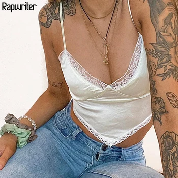 

Rapwriter Vintage Lace Patchwork Stain Tank Top Straps V Neck Cami Backless Summer Tops Triangle Hem Crop Top Women Sexy Top Hot