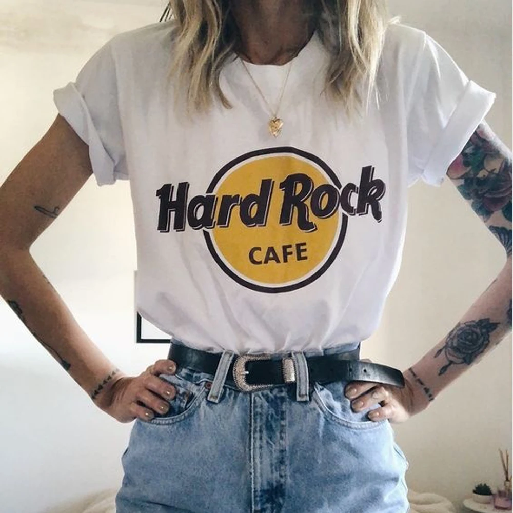 Camiseta con de letras Hard Rock Cafe para mujer, remera de estética Grunge de manga corta, Tops informales Kawaii Harajuku