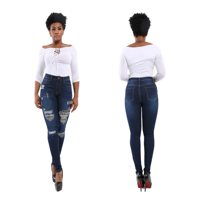 

Leopard print Ripped Hole Patchwork Denim jeans Autumn Women high waist Retro Skinny Pencil Pant lady Casual Trousers plus size