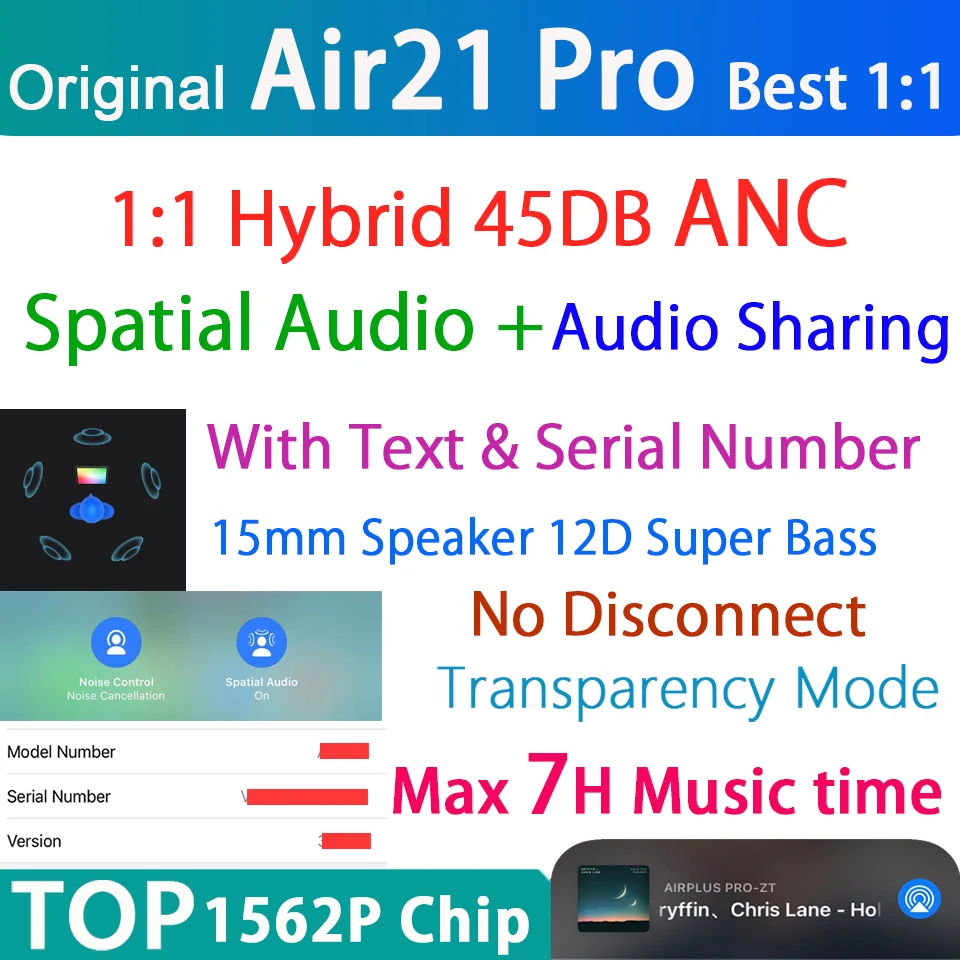Espacial air21 pro tws de áudio sem fio bluetooth fone ouvido 45db híbrido anc fones super bass 1562p pk h1 air3 1562h com texto