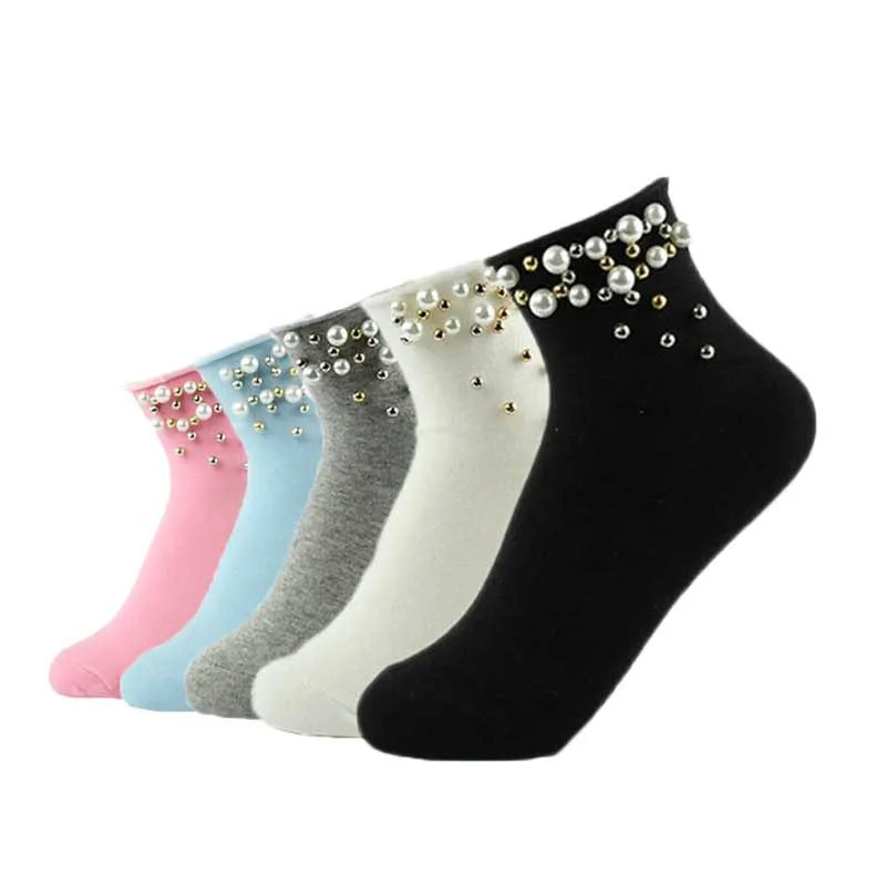 

Pearl rivet socks gold Silver Handmade Cute meias Autumn Pearl Solid Color Breathable Ankle Socks Cotton Fashion Christmas Gift
