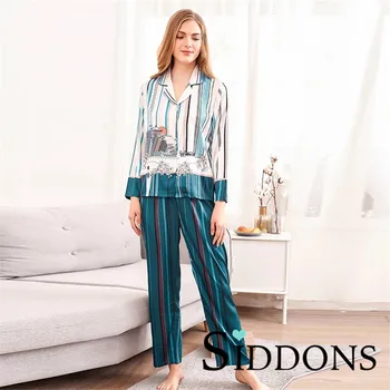 

Siddons Women's sleepwear long sleeve TOP and long pant pajama set soft imitate silk satin casual home wear 2 pcs set