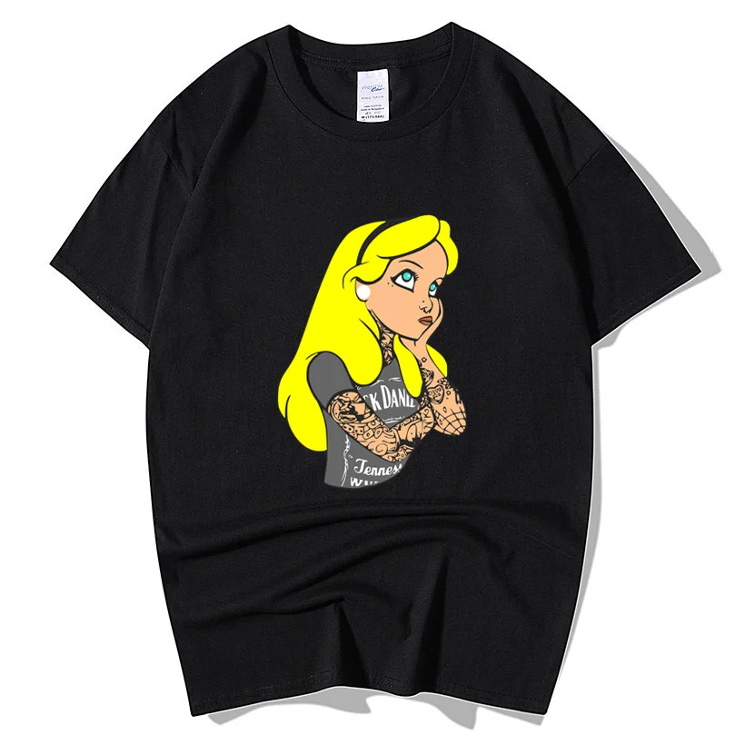 Cartoon Alice In Wonderland Indie Swag Tattoos Gothic Punk Princess Thinking T Shirt Unisex Short Sleeve O Neck Cotton T-Shirt |