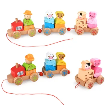 

New Style Children Wooden Drag Farm Animal Three-section Small Train Infants Early Childhood Cognitive Educational Toddler Toy