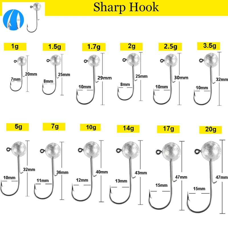 10pcs Lot Ned Head Jigs Hook 1g g All Size Round Ball Jig Head Hook Weedless Long Shank Secondary Hooks For Soft Worm Fishing Fishhooks Aliexpress