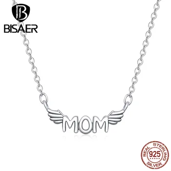 

BISAER Necklace Women 925 Sterling Silver Mom Angel Wings Feathers Necklace Pendant Silver Fashion Making Jewelry HSN397