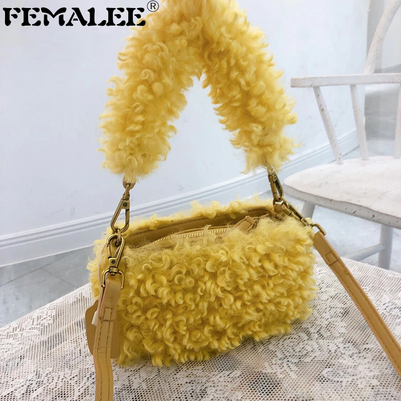 

Lambs Wool Handle Shoulder Bags For Women 2019 Winter Warm Zipper Crossbody Messenger Bag Female Travel Solid Color Handbags