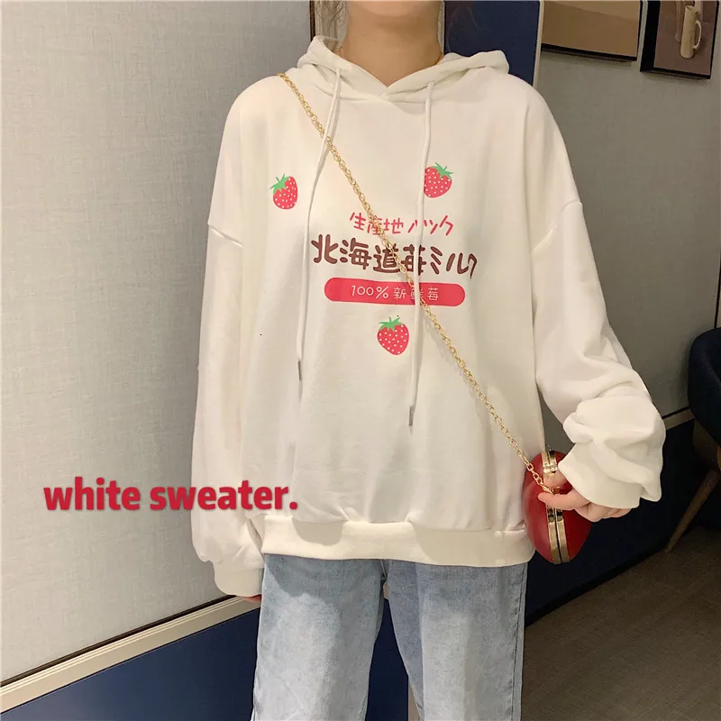 Fall Winter Hoodies Women Kawaii Japanese Strawberry Milk Letter Print Harajuku Sweatshirt Girls Long Sleeve Fleece Hooded Top