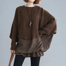 

Women's Large Knitted Pullover 2021 Autumn and Winter Loose Stitching Pullover Bat Shirt Tops Fashion Casual Bat Sleeves