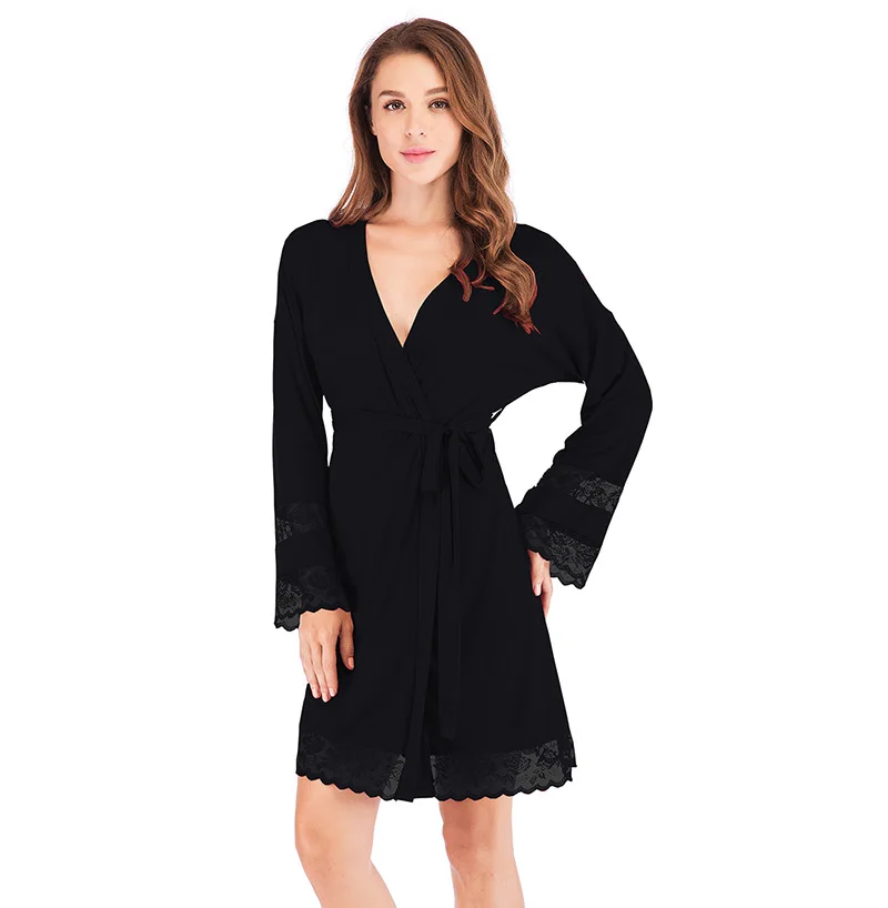 

2020 Autumn and Winter New Women's Nightgown Loose Long-sleeved Lace Simple Women's Home Service Lingerie Robe Bath Robe